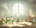 A cluttered steampunk-style laboratory with bubbling beakers, brass tools Generated image Royalty Free Stock Photo