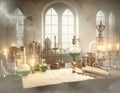 A cluttered steampunk-style laboratory with bubbling beakers, brass tools Generated image Royalty Free Stock Photo