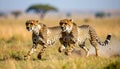 Two Cheetahs sprinting in the fields of the Serengeti National Park in Tanzania, Africa. Generated image Royalty Free Stock Photo