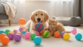 Playful Golden Retriever Puppy and Ginger Kitten with Colorful Balls Royalty Free Stock Photo