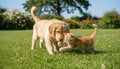 Golden Retriever Puppy and Ginger Kitten Playing with a Ball on Grass Royalty Free Stock Photo