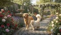 Golden Retriever and Fluffy Cat in a Serene Garden Royalty Free Stock Photo