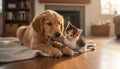 Adorable Interspecies Friendship: Golden Retriever Puppy and Calico Kitten Playing Royalty Free Stock Photo