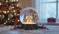 Cozy Christmas Snow Globe with Illuminated Cabin and Festive Background Royalty Free Stock Photo