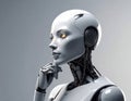 Futuristic humanoid robot in a thoughtful pose, rendered in a sleek white and metallic design. Generated image Royalty Free Stock Photo
