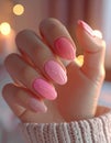 a hand showcasing stylish pink nails, elegantly manicured with a soft sheen, set against a warm, cozy background. Royalty Free Stock Photo