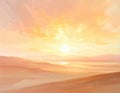 A serene landscape depicting a sunset over gentle hills and a shimmering body of water, with warm hues of orange and pink sky. Royalty Free Stock Photo