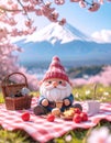 gnome enjoys a picnic under cherry blossoms with Mount Fuji in the background, creating a whimsical, serene atmosphere. Royalty Free Stock Photo