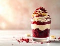 Red velvet dessert parfait with cream and banana Royalty Free Stock Photo