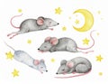 whimsical illustration of four mice playfully surrounded by stars and a crescent moon, evoking a dreamy and magical night theme. Royalty Free Stock Photo