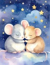 Two adorable mice cuddle under a starry night sky, surrounded by soft clouds, heartwarming scene. Royalty Free Stock Photo