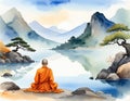 depicting a monk in meditation by a tranquil lake surrounded by mountains and trees, capturing peace and harmony in nature. Royalty Free Stock Photo