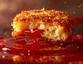A crispy, golden-brown fried snack oozes with a rich filling, accompanied by a splash of vibrant red sauce Royalty Free Stock Photo