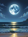 serene ocean scene under a glowing moon, showcasing gentle waves and a starry sky, evoking tranquility and wonder. Royalty Free Stock Photo