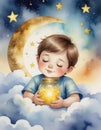 A dreamy child holds a glowing jar under a starry sky, surrounded by clouds and a crescent moon Royalty Free Stock Photo