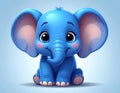 cartoon-style blue elephant with large ears and big expressive eyes, sitting down and smiling against a soft background. Royalty Free Stock Photo