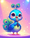colorful cartoon peacock sings into a microphone on stage, surrounded by bright lights and cheerful confetti. Royalty Free Stock Photo