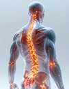 A detailed depiction of a human spine illuminated by glowing elements, showcasing the intricate structure of bones and muscles Royalty Free Stock Photo