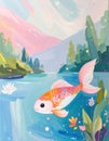 A colorful koi fish swims gracefully in a serene pond surrounded by vibrant aquatic plants and distant mountainous Royalty Free Stock Photo
