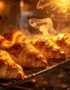 a Golden croissants baking in an oven, emitting steam and light, showcasing flaky layers and a warm, appetizing glow. Royalty Free Stock Photo