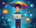 A Clipart featuring a man holding an umbrella above him to protect the computer from Viruses. Generated image Royalty Free Stock Photo