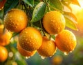 Close-up of rain-soaked ripe yellow oranges hanging from a tree branch. Generated image Royalty Free Stock Photo