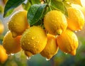 Close-up of rain-soaked ripe yellow lemons hanging from a tree branch. Generated image Royalty Free Stock Photo