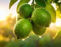 Close-up of rain-soaked ripe green limes hanging from a tree branch. Generated image Royalty Free Stock Photo