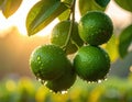 Close-up of rain-soaked ripe green limes hanging from a tree branch. Generated image Royalty Free Stock Photo