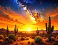 Boho art of a desert with cacti on a dark, starry night. Generated image Royalty Free Stock Photo