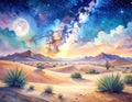 Boho art of a desert with cacti on a dark, starry night. Generated image Royalty Free Stock Photo