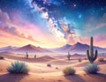Boho art of a desert with cacti on a dark, starry night. Generated image Royalty Free Stock Photo