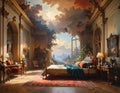 A baroque-style painting of a palatial bedroom with large windows and ornate furniture. . Generated image Royalty Free Stock Photo