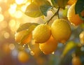 Close-up of rain-soaked ripe yellow lemons hanging from a tree branch. Generated image Royalty Free Stock Photo