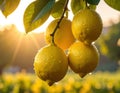 Close-up of rain-soaked ripe yellow lemons hanging from a tree branch. Generated image Royalty Free Stock Photo