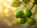 Close-up of rain-soaked ripe green limes hanging from a tree branch. Generated image Royalty Free Stock Photo