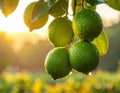 Close-up of rain-soaked ripe green limes hanging from a tree branch. Generated image Royalty Free Stock Photo