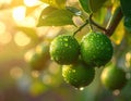 Close-up of rain-soaked ripe green limes hanging from a tree branch. Generated image Royalty Free Stock Photo