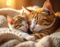 a mother cat and her kitten sleeping closely together on a cozy blanket, showcasing affection and tranquility. Royalty Free Stock Photo