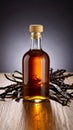 Vanilla extract bottle with vanilla beans on wooden table against dark background Royalty Free Stock Photo