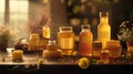 Artisanal Honey Collection on Rustic Wooden Background. Generative AI Royalty Free Stock Photo