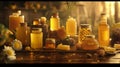 Artisanal Honey Collection on Rustic Wooden Background. Generative AI Royalty Free Stock Photo