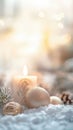 Vertical Christmas background, warm festive atmosphere with burning candle, Christmas decorations, pine branches on snow. Royalty Free Stock Photo