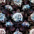 Dark academia floral pattern seamless Vintage gothic hydrangea flowers watercolor repeat abstract background, hortensia Royalty Free Stock Photo