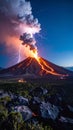 Volcano erupting with lava flow and lightning strikes at night, dramatic landscape Royalty Free Stock Photo