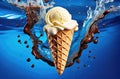 Waffle cone with chocolate covered ice cream with a splash in blue ice water. Freshness, cooling, thirst quenching in Royalty Free Stock Photo