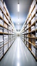 Warehouse interior with rows of shelves filled with documents and files, storage concept Royalty Free Stock Photo