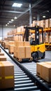 Warehouse Logistics: Forklift and Conveyor Belt System with Cardboard Boxes Royalty Free Stock Photo