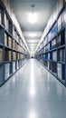 Warehouse storage room with rows of shelves filled with files and boxes Royalty Free Stock Photo