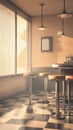 Sunlit retro diner with checkered floor and bar stools, AI